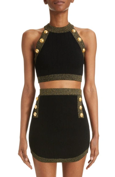 Balmain Golden Trim Six-button Knit Crop Top In Black Gold