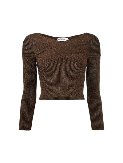 Self-portrait Metallic Knit Off-shoulder Top In Brown