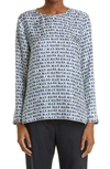 Max Mara Alatri Logo Print High-low Silk Blouse In Cornflower Blue
