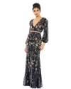 MAC DUGGAL EMBELLISHED WRAP OVER BISHOP SLEEVE GOWN