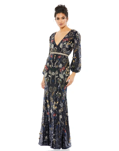 Mac Duggal Women's Embellished Wrap-over Bishop-sleeve Gown In Midnight Multi