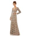 Mac Duggal Long Sleeve Sequin Gown In Mocha