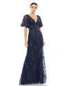 Mac Duggal Vintage Flutter Sleeve Evening Gown In Midnight