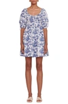Staud Faye Tropical-print Cotton-blend Poplin Mini Dress In Blue