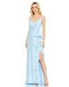Mac Duggal V-neck Spaghetti Strap Satin Gown In Powder Blue