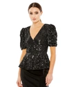 MAC DUGGAL SEQUINED PUFF SLEEVE FAUX WRAP TOP