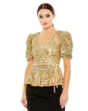 MAC DUGGAL SEQUINED PUFF SLEEVE FAUX WRAP TOP