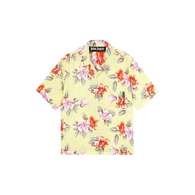 Palm Angels Hibiscus Floral Print Bowling Shirt In Yellow