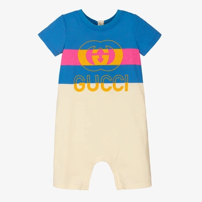 GUCCI IVORY & BLUE COTTON LOGO ROMPER