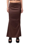 Edikted Ruched Satin Maxi Skirt In Brown