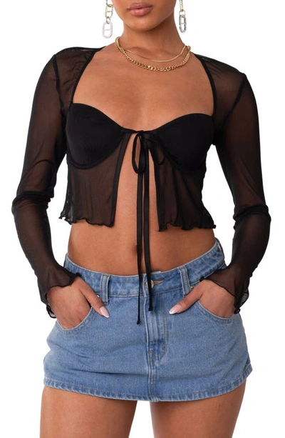 Edikted Mesh Long Sleeve Bra Top In Black