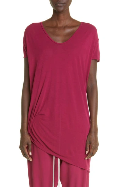 Rick Owens Hiked Asymmetric Drape Detail T-shirt In Fuchsia