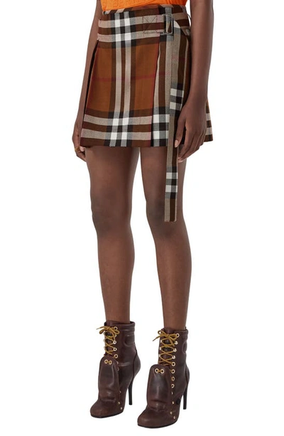 Burberry Micaela Check Pleated Mini Wrap Skirt In Dark Birch Brown