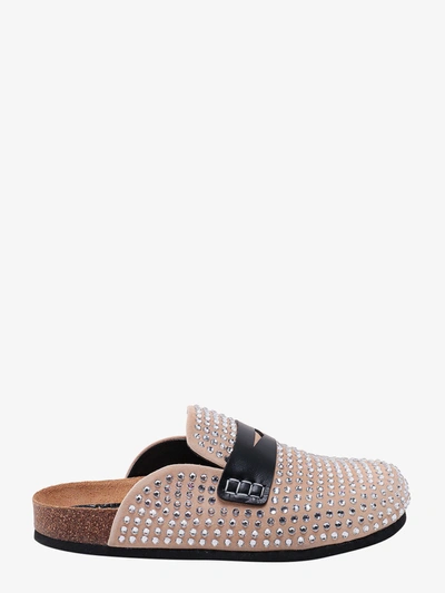 Jw Anderson Leather-trimmed Crystal-embellished Suede Slippers In Neutrals