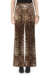 Dolce & Gabbana Leopard Print Wide Leg Stretch Silk Satin Pajama Pants In Light Brown