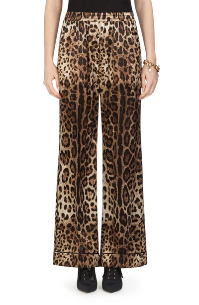 Dolce & Gabbana Leopard Print Wide Leg Stretch Silk Satin Pajama Pants In Leo New