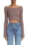 Chloé Off The Shoulder Cashmere Blend Mouliné Crop Rib Sweater In Multicolor Blue 1