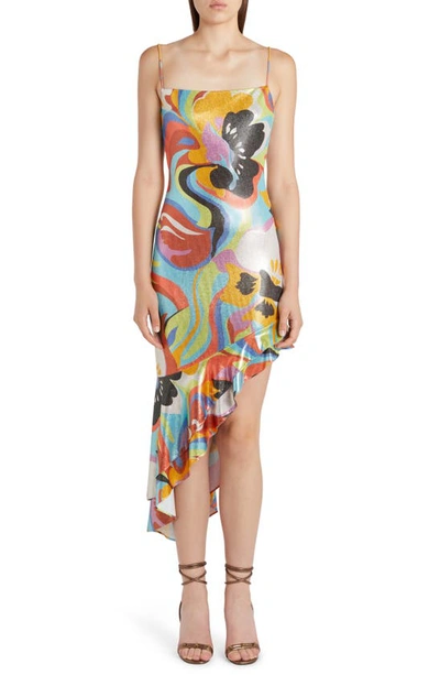 Etro Asymmetric Shiny Print Jersey Midi Dress In Multicolor