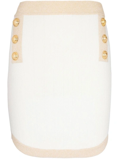 Balmain 6-button Metallic-edge Pointelle Knit Mini Skirt In White
