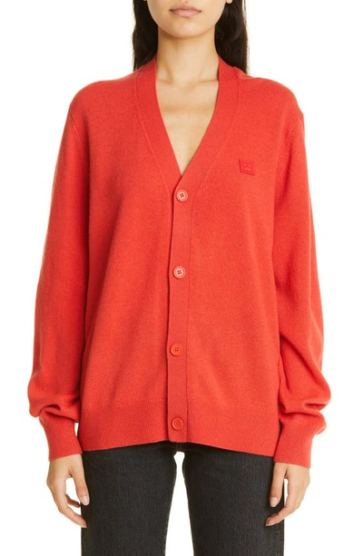 Acne Studios Keve Face Patch Wool Cardigan In Sharp Red