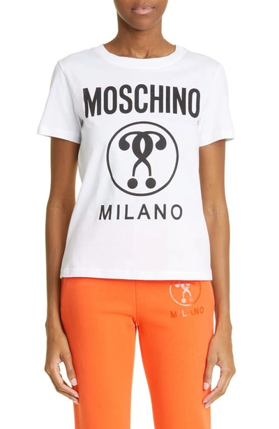 Moschino Double Question Mark Logo Graphic Tee In Fantasy Print White