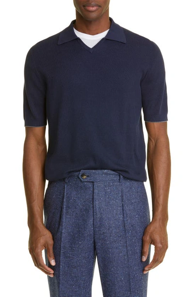 Brunello Cucinelli Short Sleeve Cotton Polo Sweater In Navy