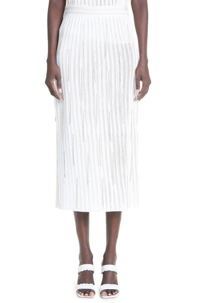 St John Crystal-fringe Ottoman Stripe Knit Midi Skirt In Ecru