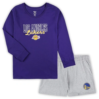 Concepts Sport Purple/heather Gray Los Angeles Lakers Plus Size Long Sleeve T-shirt And Shorts Sleep In Purple,heather Gray