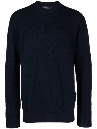 Versace Logo Jacquard Woollen Jumper In Blue