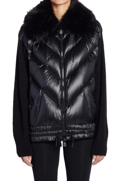 Moncler Quilted Down & Knit Cardigan With Faux Fur Collar In Black