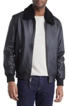 FRYE LEATHER BOMBER JACKET WITH REMOVABLE FAUX SHEARLING COLLAR