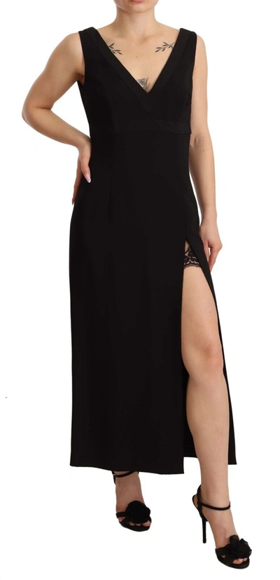 Dolce & Gabbana Black Silk Stretch Side Slit Sheath Midi Dress