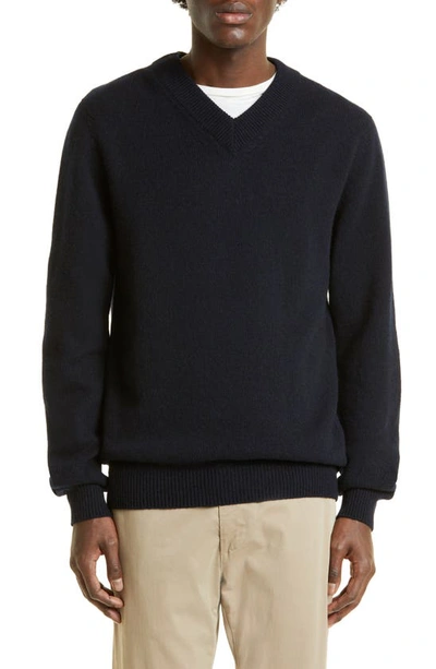 Sunspel V-neck Lambswool Sweater In Bufa Dark Navy Mouli