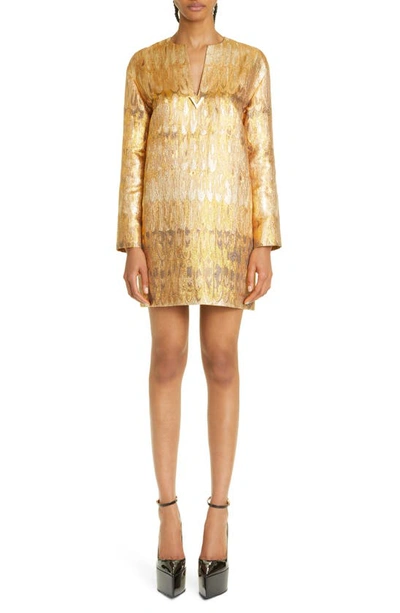 Valentino Long Sleeve Golden Wings Brocade Shift Dress