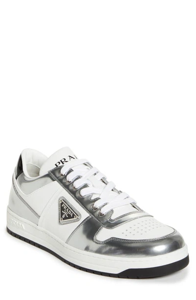 Prada Men's Downtown Leather Low-top Sneakers In Bianco Argento