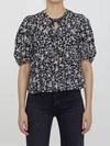Ganni Printed Crepe Peplum Viscose Blouse In Black