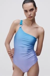 Jonathan Simkhai Bliss Satin Ombre Asymmetric One-piece Swimsuit In Lilac Ombre