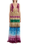 Valentino Multicolor Golden Wings Draped Chiffon Gown In Purple Multi