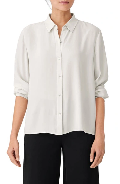 Eileen Fisher Mandarin Collar Silk Boxy Shirt In Bone