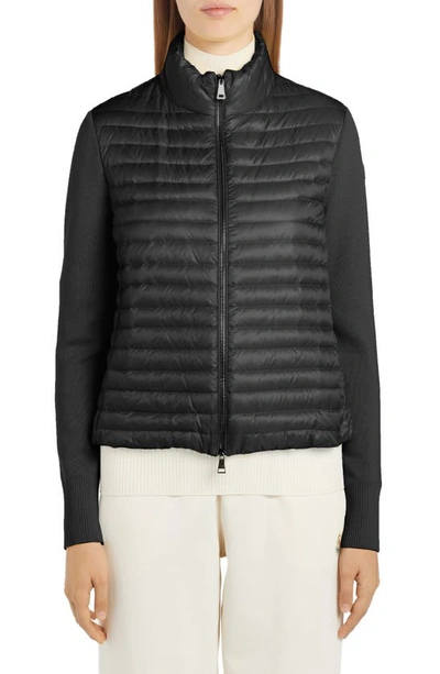 Moncler Quilted Down & Knit Cardigan In Black