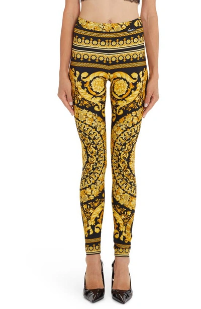 Versace Black And Gold Leggings With Baroque Print In Black,gold