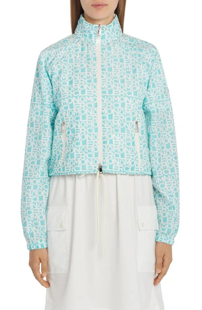 Moncler Alose Logo Printed Short Jacket In White,light Blue