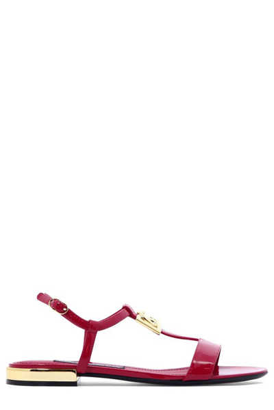 Dolce & Gabbana Logo-plaque T-bar Sandals In Pink
