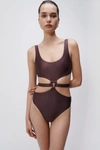 Jonathan Simkhai Emelia Coated Satin Swimwear Cut Out Swimsuit In Dark Chocolate