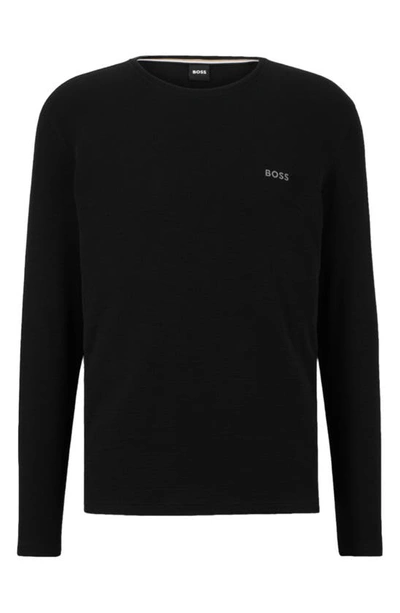 Hugo Boss Long Sleeve Waffle Knit Cotton Blend T-shirt In Black