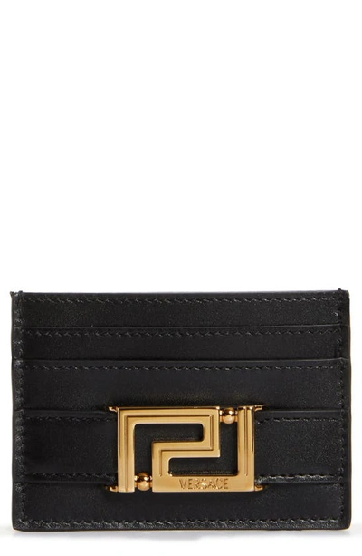 Versace La Greca Leather Card Case In Black/  Gold