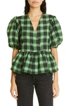 Ganni Green Seersucker Check Wrap Blouse In Peapod