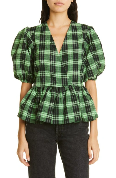 Ganni Plaid Seersucker Surplice Peplum Top In Multi