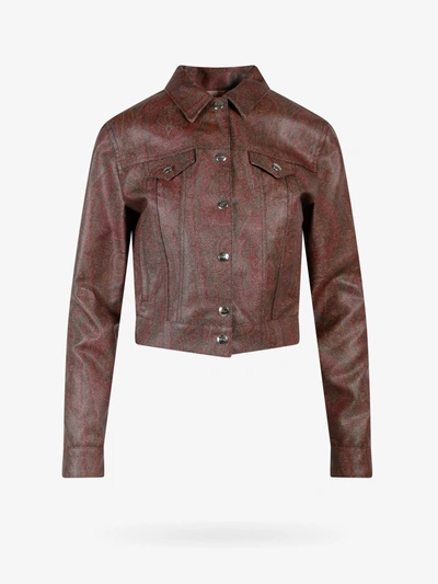 Etro Cropped Paisley-print Coated Cotton-blend Canvas Jacket In Brown