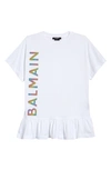 Balmain Kids' Glitter Logo Ruffle Hem Cotton T-shirt Dress In 100 White